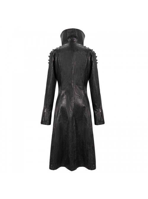 Black-Gray Dark Pattern Exaggerated Large Neckline Design  Shoulder String Decoration Long Leather Jacket
