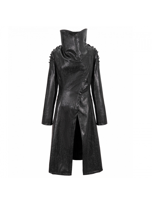 Black-Gray Dark Pattern Exaggerated Large Neckline Design  Shoulder String Decoration Long Leather Jacket