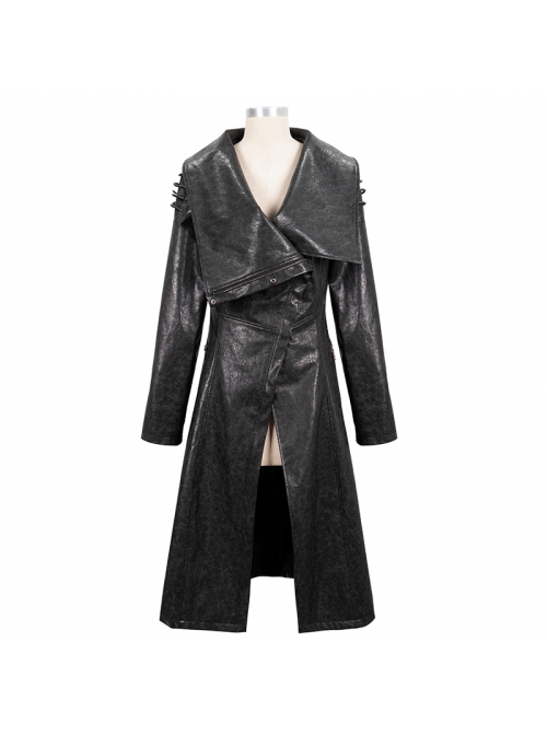 Black-Gray Dark Pattern Exaggerated Large Neckline Design  Shoulder String Decoration Long Leather Jacket