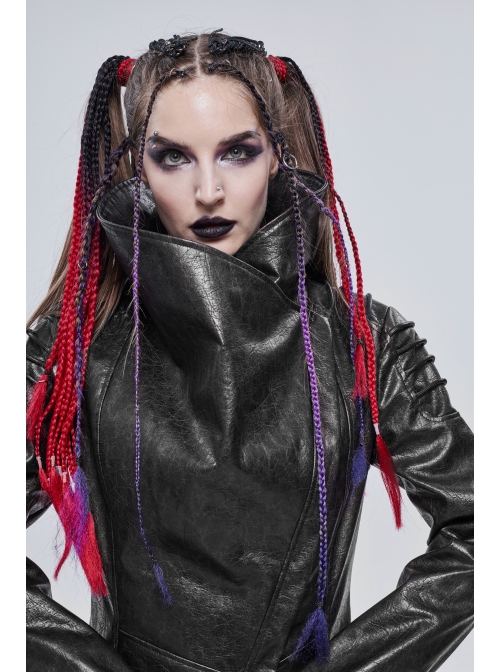 Black-Gray Dark Pattern Exaggerated Large Neckline Design  Shoulder String Decoration Long Leather Jacket