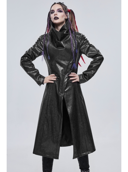 Black-Gray Dark Pattern Exaggerated Large Neckline Design  Shoulder String Decoration Long Leather Jacket