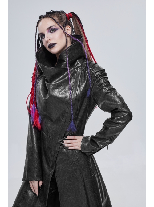 Black-Gray Dark Pattern Exaggerated Large Neckline Design  Shoulder String Decoration Long Leather Jacket