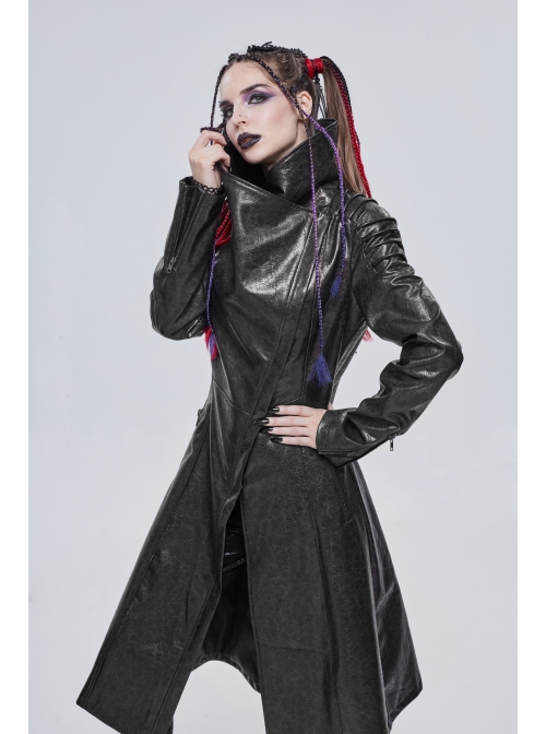 Black-Gray Dark Pattern Exaggerated Large Neckline Design  Shoulder String Decoration Long Leather Jacket