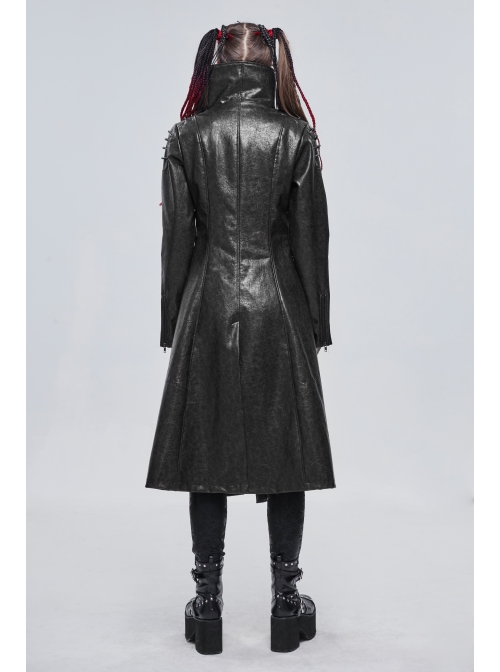 Black-Gray Dark Pattern Exaggerated Large Neckline Design  Shoulder String Decoration Long Leather Jacket