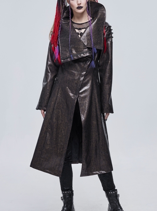 Brown Dark Pattern Exaggerated Large Neckline Design Shoulder String Decoration Long Leather Jacket