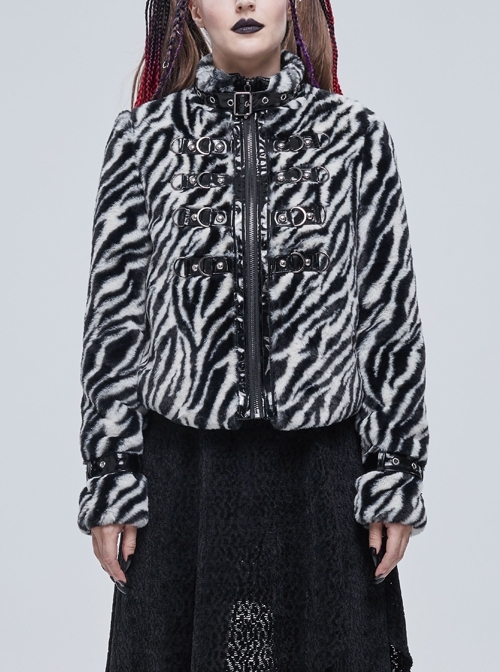 Punk Black And White Stripe Design Shiny Belt With D-Shaped Buckle Decoration Padded Jacket
