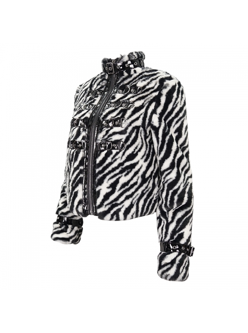 Punk Black And White Stripe Design Shiny Belt With D-Shaped Buckle Decoration Padded Jacket