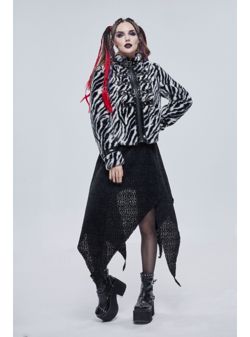 Punk Black And White Stripe Design Shiny Belt With D-Shaped Buckle Decoration Padded Jacket