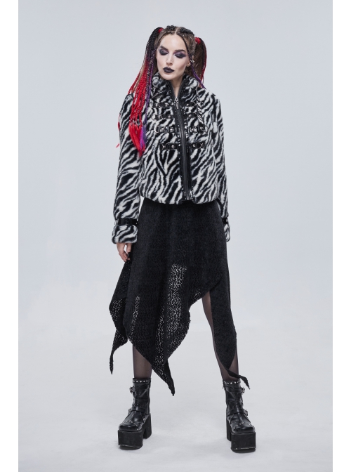 Punk Black And White Stripe Design Shiny Belt With D-Shaped Buckle Decoration Padded Jacket