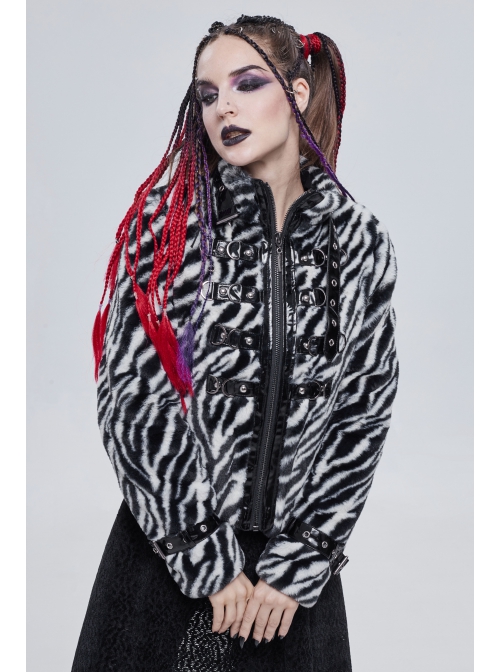 Punk Black And White Stripe Design Shiny Belt With D-Shaped Buckle Decoration Padded Jacket