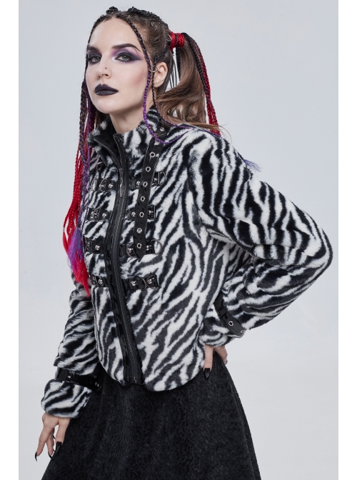 Punk Black And White Stripe Design Shiny Belt With D-Shaped Buckle Decoration Padded Jacket