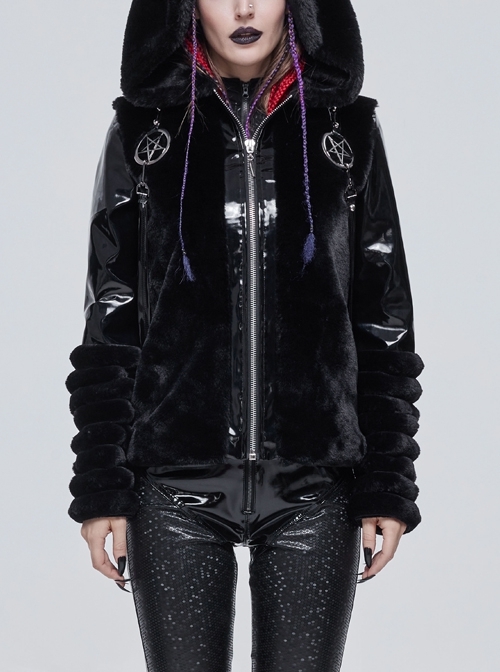 Punk Black Cuff Pleated Design Metal Five-Pointed Star Shape Belt Decoration Cat Ear Female Coat