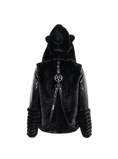 Punk Black Cuff Pleated Design Metal Five-Pointed Star Shape Belt Decoration Cat Ear Female Coat