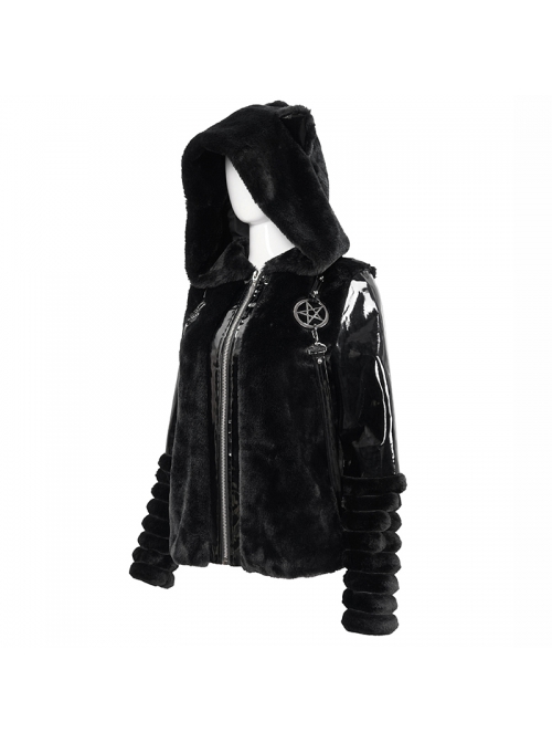 Punk Black Cuff Pleated Design Metal Five-Pointed Star Shape Belt Decoration Cat Ear Female Coat