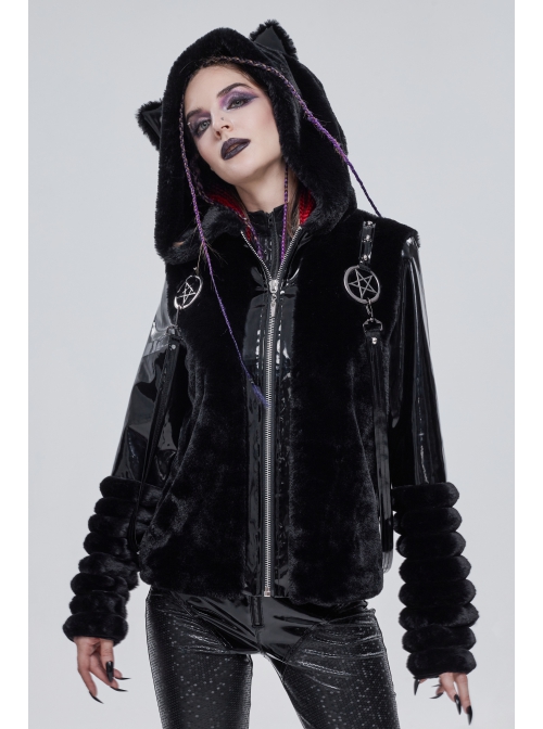 Punk Black Cuff Pleated Design Metal Five-Pointed Star Shape Belt Decoration Cat Ear Female Coat
