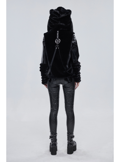 Punk Black Cuff Pleated Design Metal Five-Pointed Star Shape Belt Decoration Cat Ear Female Coat