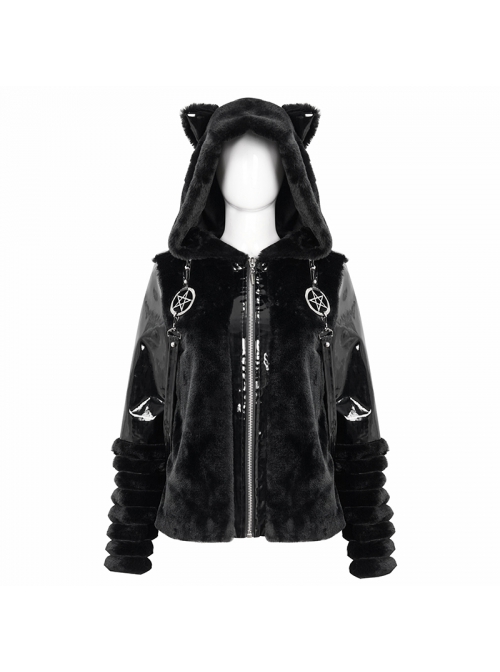 Punk Black Cuff Pleated Design Metal Five-Pointed Star Shape Belt Decoration Cat Ear Female Coat