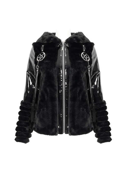 Punk Black Cuff Pleated Design Metal Five-Pointed Star Shape Belt Decoration Cat Ear Female Coat