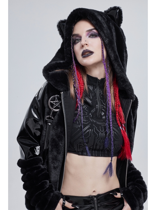 Punk Black Cuff Pleated Design Metal Five-Pointed Star Shape Belt Decoration Cat Ear Female Coat
