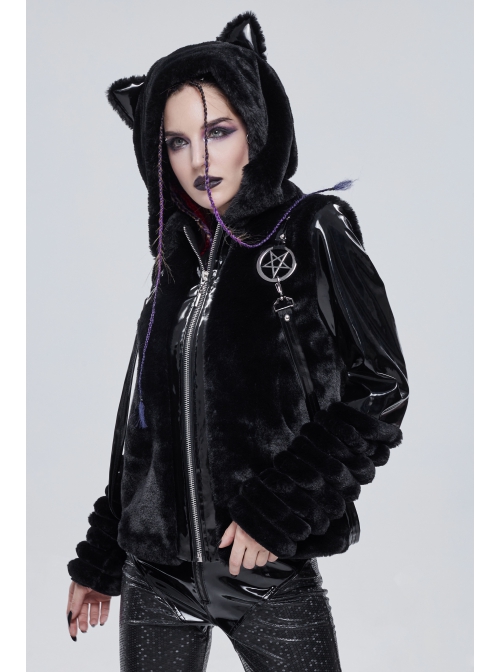 Punk Black Cuff Pleated Design Metal Five-Pointed Star Shape Belt Decoration Cat Ear Female Coat