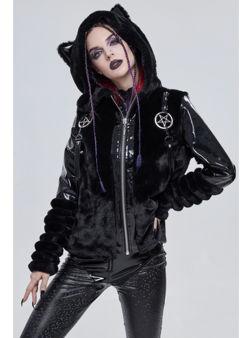 Punk Black Cuff Pleated Design Metal Five-Pointed Star Shape Belt Decoration Cat Ear Female Coat