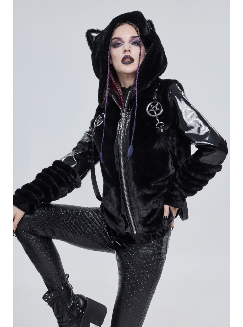 Punk Black Cuff Pleated Design Metal Five-Pointed Star Shape Belt Decoration Cat Ear Female Coat