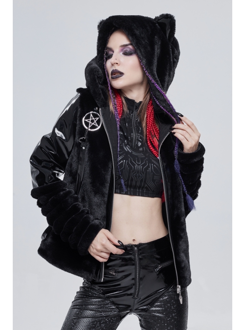 Punk Black Cuff Pleated Design Metal Five-Pointed Star Shape Belt Decoration Cat Ear Female Coat