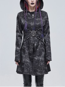 Punk Dark Pattern Pentagram Shape Design Metal D-Shaped Buckle Decoration Female Hooded Coat