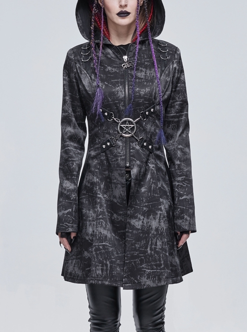 Punk Dark Pattern Pentagram Shape Design Metal D-Shaped Buckle Decoration Female Hooded Coat