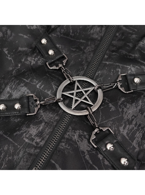 Punk Dark Pattern Pentagram Shape Design Metal D-Shaped Buckle Decoration Female Hooded Coat