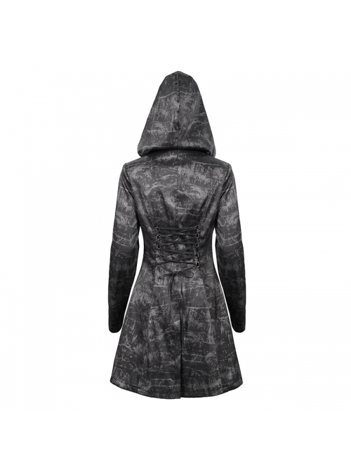 Punk Dark Pattern Pentagram Shape Design Metal D-Shaped Buckle Decoration Female Hooded Coat
