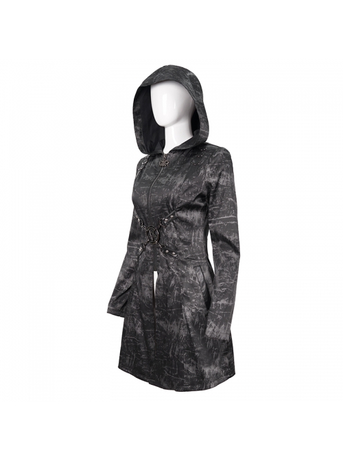 Punk Dark Pattern Pentagram Shape Design Metal D-Shaped Buckle Decoration Female Hooded Coat