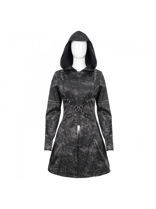 Punk Dark Pattern Pentagram Shape Design Metal D-Shaped Buckle Decoration Female Hooded Coat
