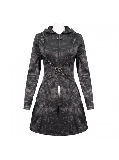 Punk Dark Pattern Pentagram Shape Design Metal D-Shaped Buckle Decoration Female Hooded Coat