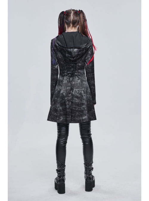 Punk Dark Pattern Pentagram Shape Design Metal D-Shaped Buckle Decoration Female Hooded Coat