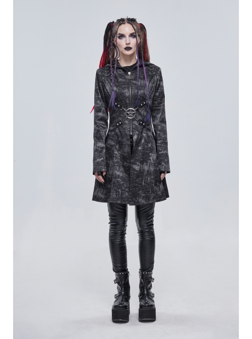 Punk Dark Pattern Pentagram Shape Design Metal D-Shaped Buckle Decoration Female Hooded Coat