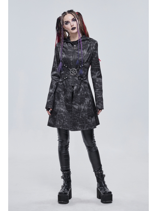 Punk Dark Pattern Pentagram Shape Design Metal D-Shaped Buckle Decoration Female Hooded Coat