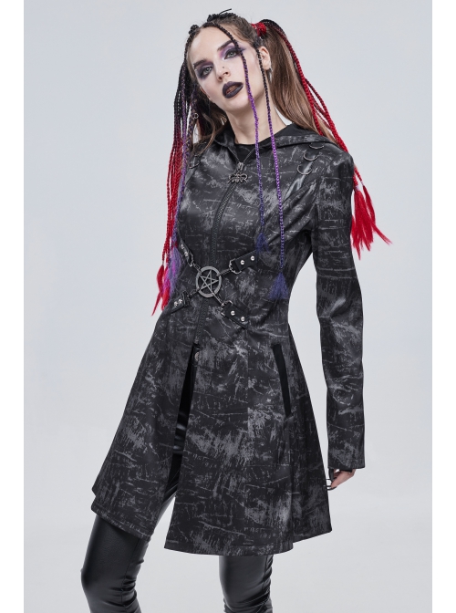 Punk Dark Pattern Pentagram Shape Design Metal D-Shaped Buckle Decoration Female Hooded Coat