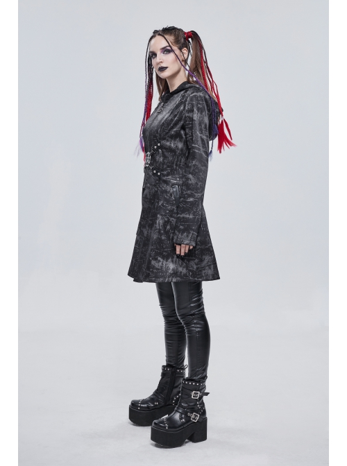 Punk Dark Pattern Pentagram Shape Design Metal D-Shaped Buckle Decoration Female Hooded Coat
