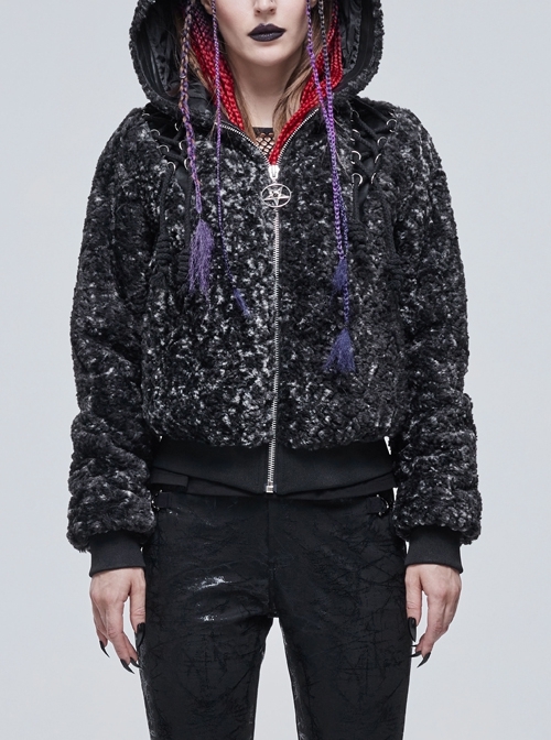 Two-Tone Woolen Grain Fleece D-Shaped Buckle With Leather Drawstring Stitching On The Shoulder Metal Five-Pointed Star Zipper Female Coat