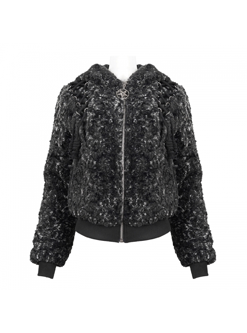 Two-Tone Woolen Grain Fleece D-Shaped Buckle With Leather Drawstring Stitching On The Shoulder Metal Five-Pointed Star Zipper Female Coat