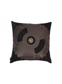 Brown Embroidery Gear Twill Woven Fabric Metal Gear Round Rivet Decoration Pillow