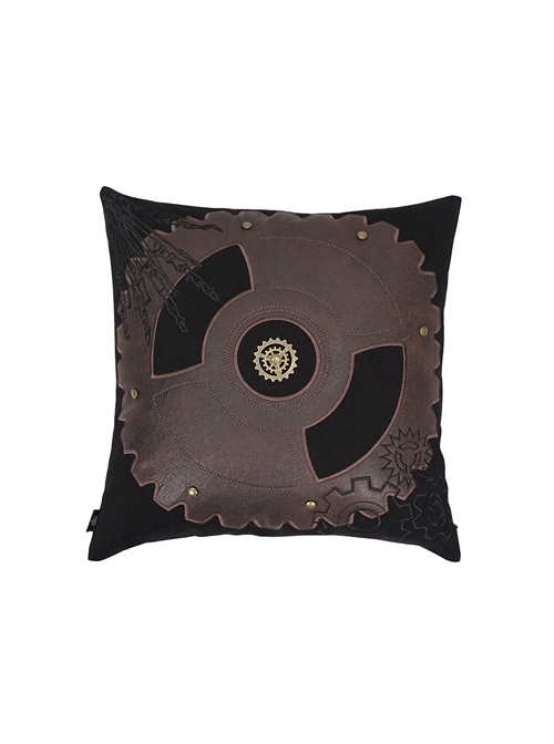 Brown Embroidery Gear Twill Woven Fabric Metal Gear Round Rivet Decoration Pillow