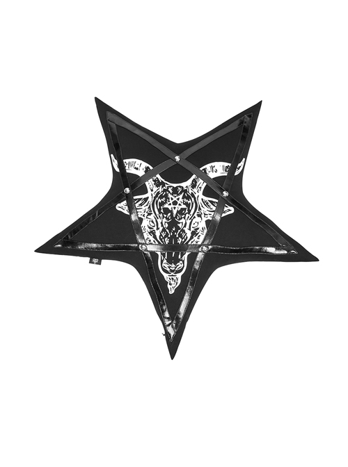 White Print Devil Sheep Head Pattern Design Stretch Knitted Fabric Shiny Belt Decoration Pentagram Shape Pillow