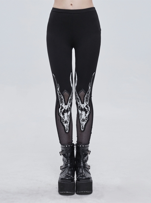 Gothic Black Stretch Knitted Fabric Spliced Mesh Devil Sheep Head Pattern Printing Leggings