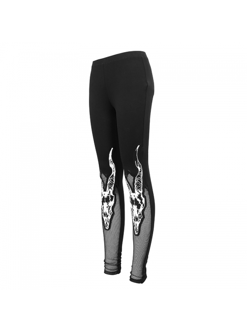 Gothic Black Stretch Knitted Fabric Spliced Mesh Devil Sheep Head Pattern Printing Leggings