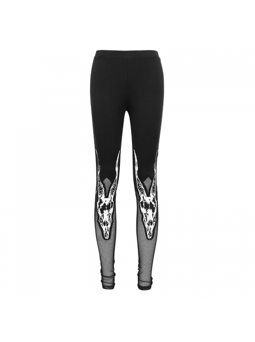 Gothic Black Stretch Knitted Fabric Spliced Mesh Devil Sheep Head Pattern Printing Leggings