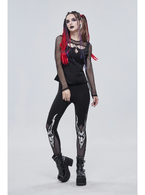 Gothic Black Stretch Knitted Fabric Spliced Mesh Devil Sheep Head Pattern Printing Leggings