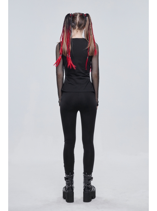 Gothic Black Stretch Knitted Fabric Spliced Mesh Devil Sheep Head Pattern Printing Leggings
