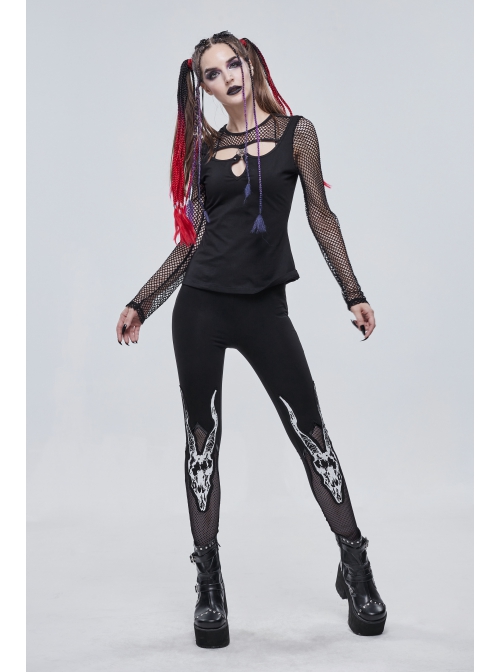 Gothic Black Stretch Knitted Fabric Spliced Mesh Devil Sheep Head Pattern Printing Leggings